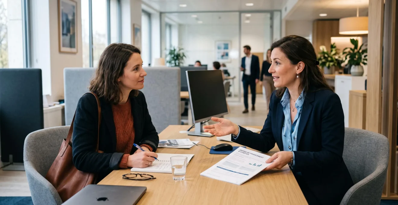 Conseiller bancaire en consultation avec un client dans une agence bancaire moderne