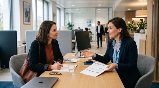 Conseiller bancaire en consultation avec un client dans une agence bancaire moderne