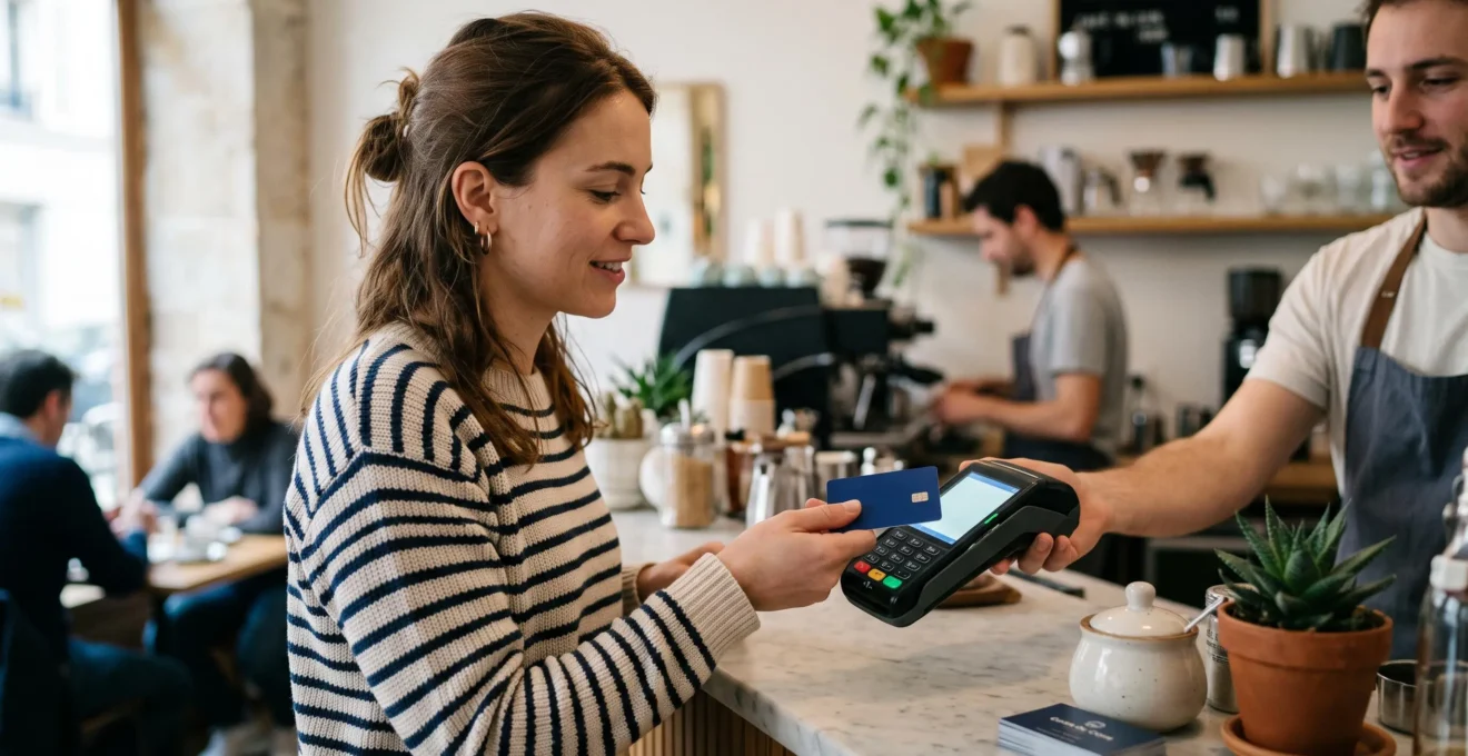 Jeune adulte effectuant un paiement sans contact avec carte bancaire dans un commerce