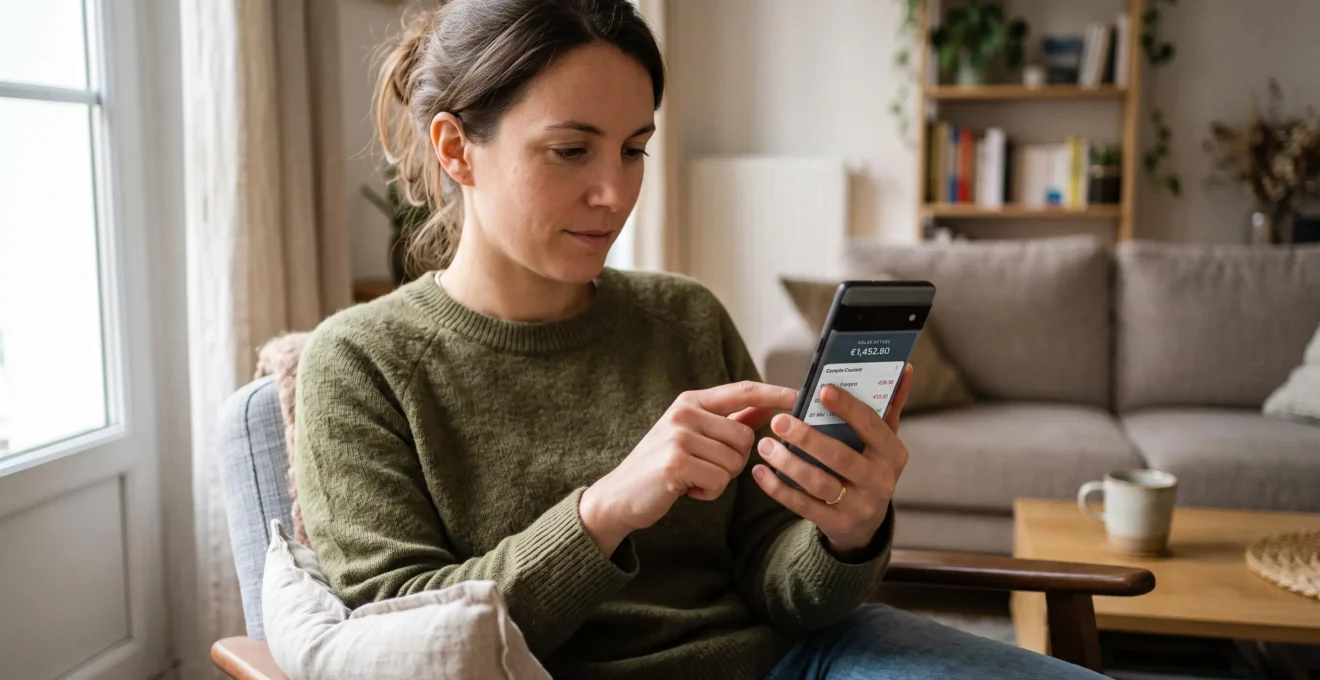 Personne utilisant une application bancaire mobile sur smartphone pour consulter son compte